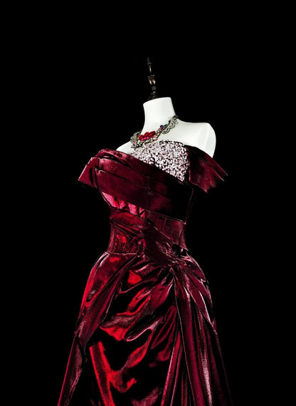 Verträumte Abschlussballkleider Vintage 90er Jahre mit Perlen Meerjungfrau schulterfrei Burgund Satin Lange formelle Outfits N2377