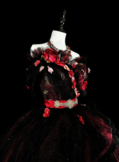 Robes de bal modestes Robe de bal bustier en tulle bordeaux avec applique longue robe de quinceañera N3066