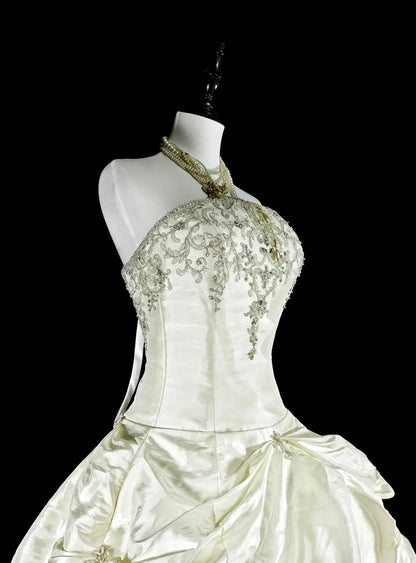 Vintage Hochzeitskleider Ballkleid Trägerlos Weißer Taft Mit Perlen Lang Brautkleid N3075