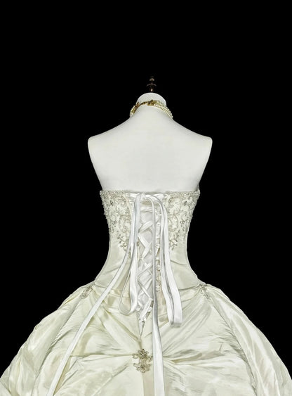 Vintage Hochzeitskleider Ballkleid Trägerlos Weißer Taft Mit Perlen Lang Brautkleid N3075