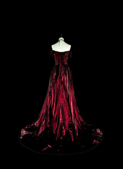Verträumte Abschlussballkleider Vintage 90er Jahre mit Perlen Meerjungfrau schulterfrei Burgund Satin Lange formelle Outfits N2377