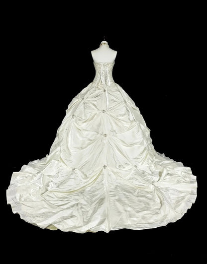 Vintage Hochzeitskleider Ballkleid Trägerlos Weißer Taft Mit Perlen Lang Brautkleid N3075