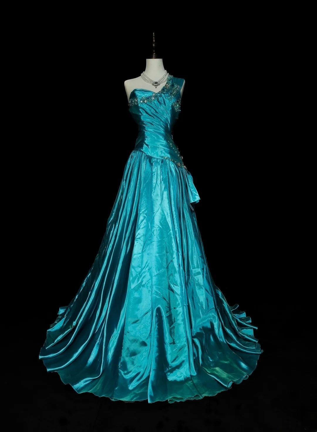Retro-A-Linien-Abendkleid aus blauem Satin im 70er-Jahre-Stil mit One-Shoulder-Schulter, ärmellos, langes formelles Abendkleid N1489