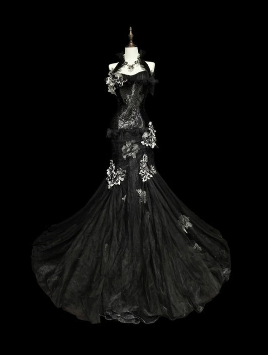 Retro Mermaid Halter Black Tulle With Lace Sleeveless 70s Prom Dresses Long Formal Party Gowns N1500
