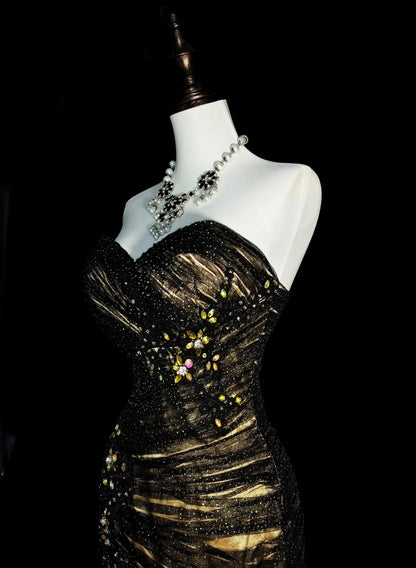 Robe de bal longue de soirée vintage sirène, bustier cœur, tulle noir sans manches, années 80, N1488