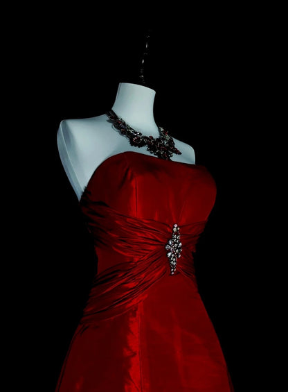 Retro Ball Gown Strapless Red Satin Sleeveless 70s Prom Dresses Long Formal Party Gowns N1491