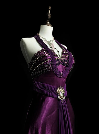 Retro Meerjungfrauen-Halterkleid aus lila Satin mit Perlenbesatz, ärmellos, 70er-Jahre-Stil, langes formelles Abendkleid N1494