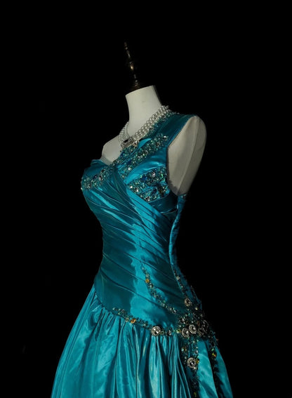 Retro-A-Linien-Abendkleid aus blauem Satin im 70er-Jahre-Stil mit One-Shoulder-Schulter, ärmellos, langes formelles Abendkleid N1489