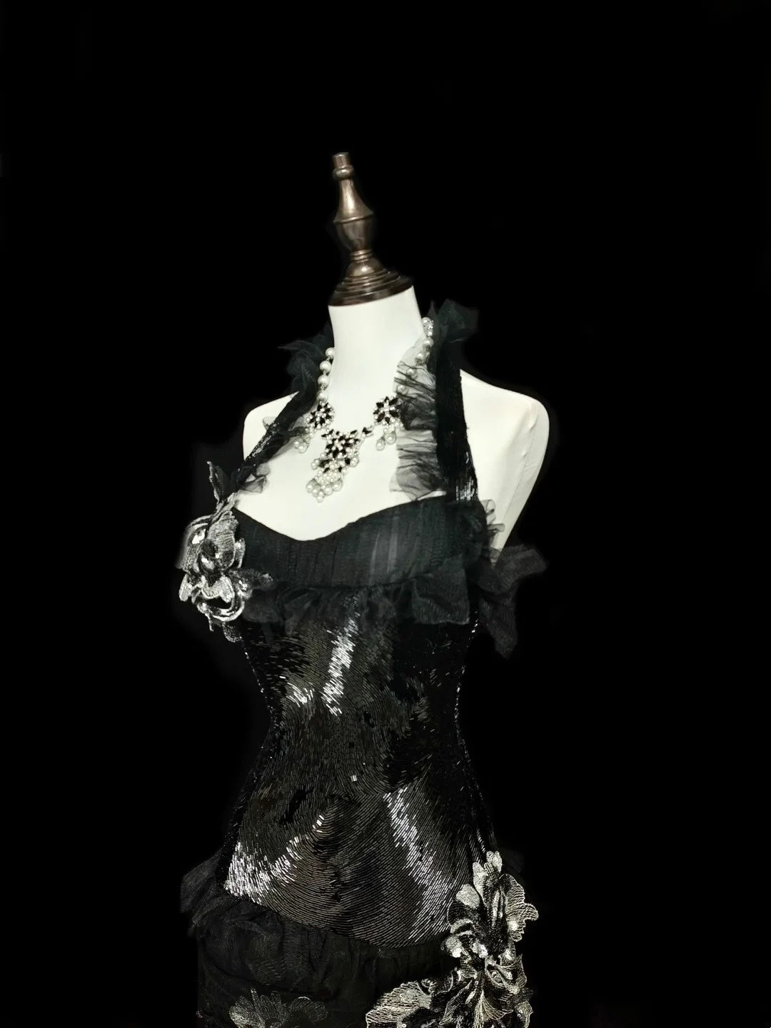 Vintage Abschlussballkleider Ästhetik 1960er Retro Meerjungfrau Neckholder Schwarz Spitze Langes Ballkleid N2148