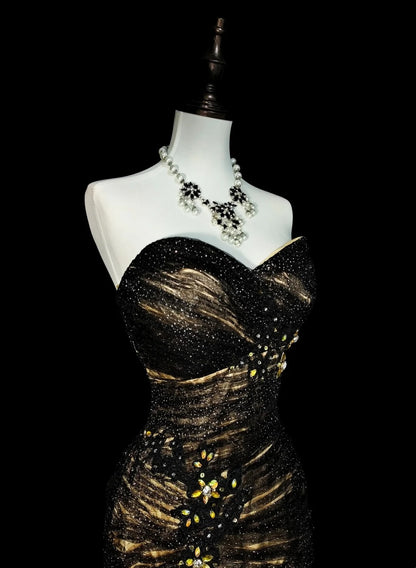 Robe de bal longue de soirée vintage sirène, bustier cœur, tulle noir sans manches, années 80, N1488