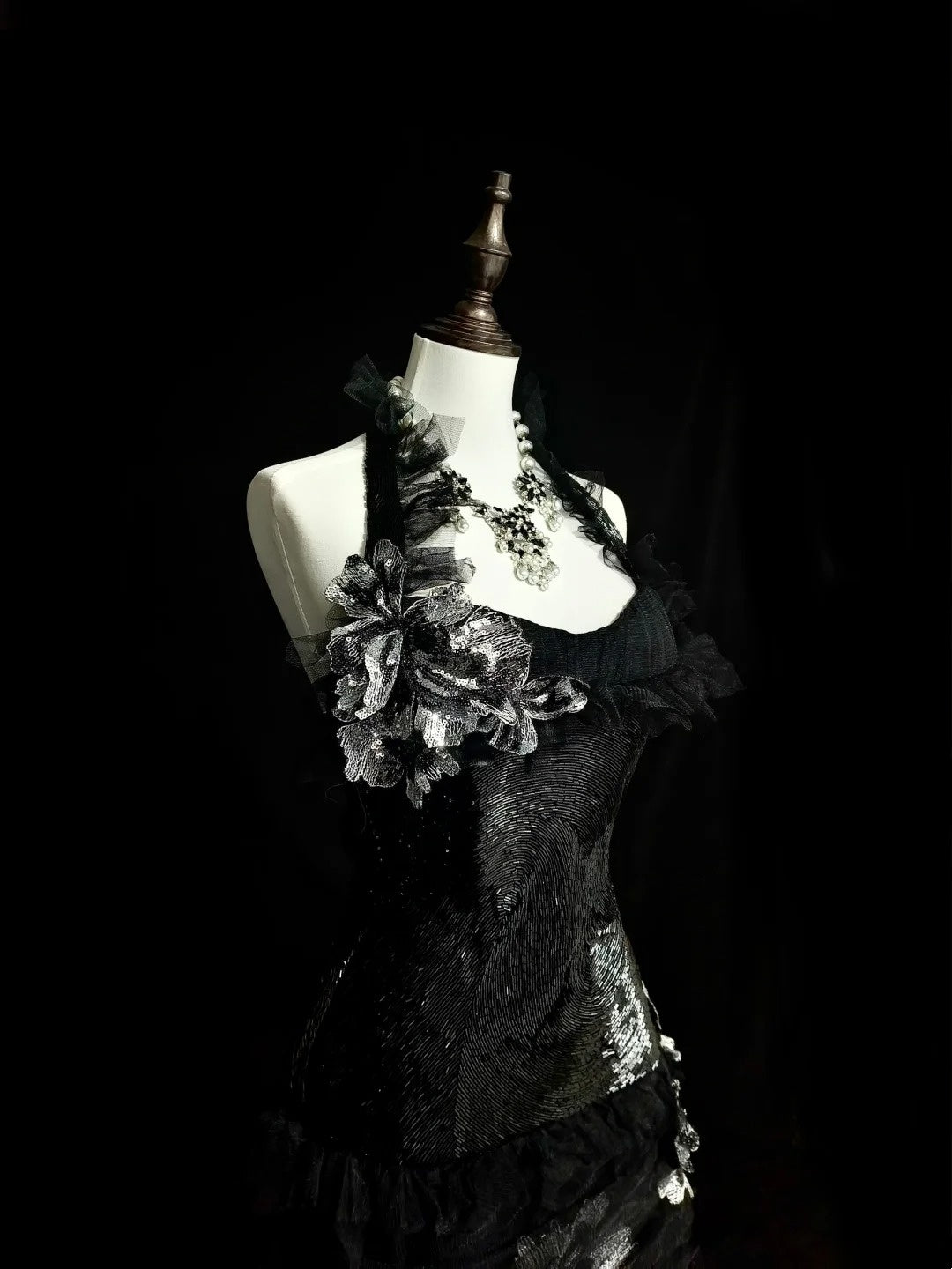 Robe de bal rétro sirène dos nu en tulle noir avec dentelle, sans manches, style années 70, robe de soirée longue et élégante N1500