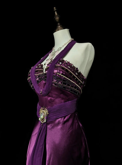 Retro Meerjungfrauen-Halterkleid aus lila Satin mit Perlenbesatz, ärmellos, 70er-Jahre-Stil, langes formelles Abendkleid N1494