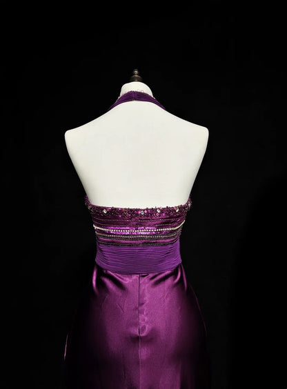 Retro Meerjungfrauen-Halterkleid aus lila Satin mit Perlenbesatz, ärmellos, 70er-Jahre-Stil, langes formelles Abendkleid N1494