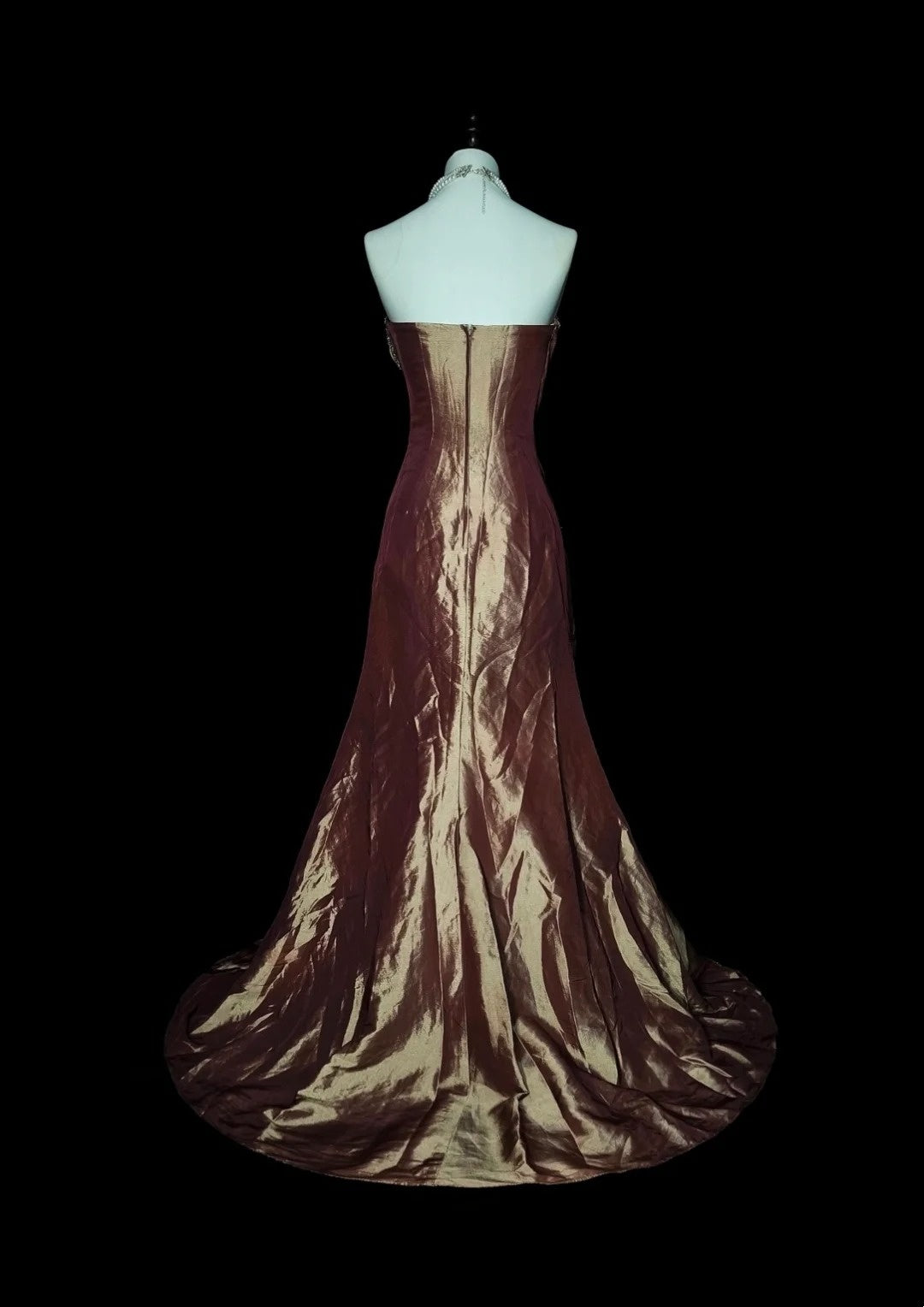 Robe de bal longue sirène vintage marron sans bretelles et perles, style années 80, référence N1490
