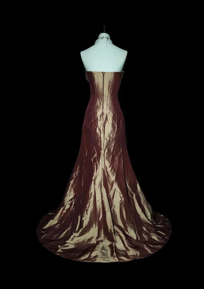 Robe de bal longue sirène vintage marron sans bretelles et perles, style années 80, référence N1490
