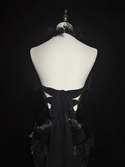 Vintage Abschlussballkleider Ästhetik 1960er Retro Meerjungfrau Neckholder Schwarz Spitze Langes Ballkleid N2148