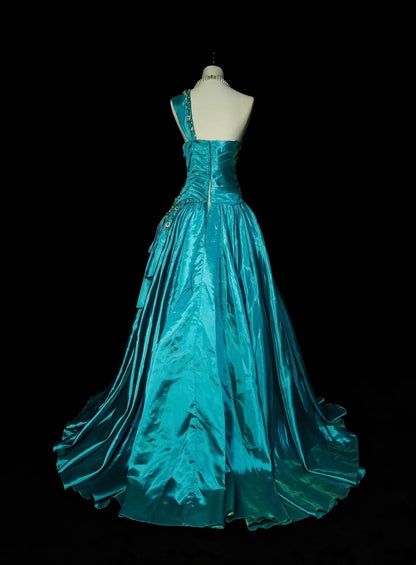 Retro-A-Linien-Abendkleid aus blauem Satin im 70er-Jahre-Stil mit One-Shoulder-Schulter, ärmellos, langes formelles Abendkleid N1489