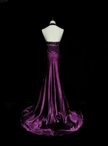 Retro Meerjungfrauen-Halterkleid aus lila Satin mit Perlenbesatz, ärmellos, 70er-Jahre-Stil, langes formelles Abendkleid N1494