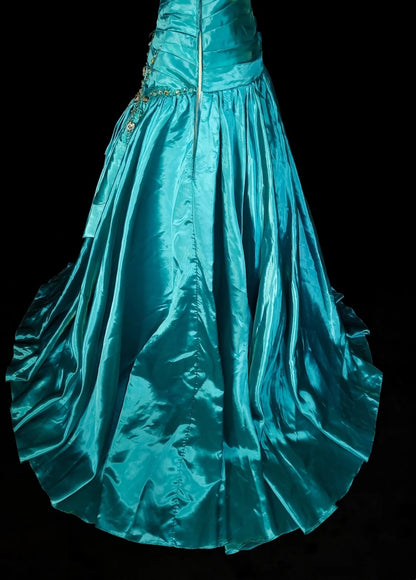 Retro-A-Linien-Abendkleid aus blauem Satin im 70er-Jahre-Stil mit One-Shoulder-Schulter, ärmellos, langes formelles Abendkleid N1489