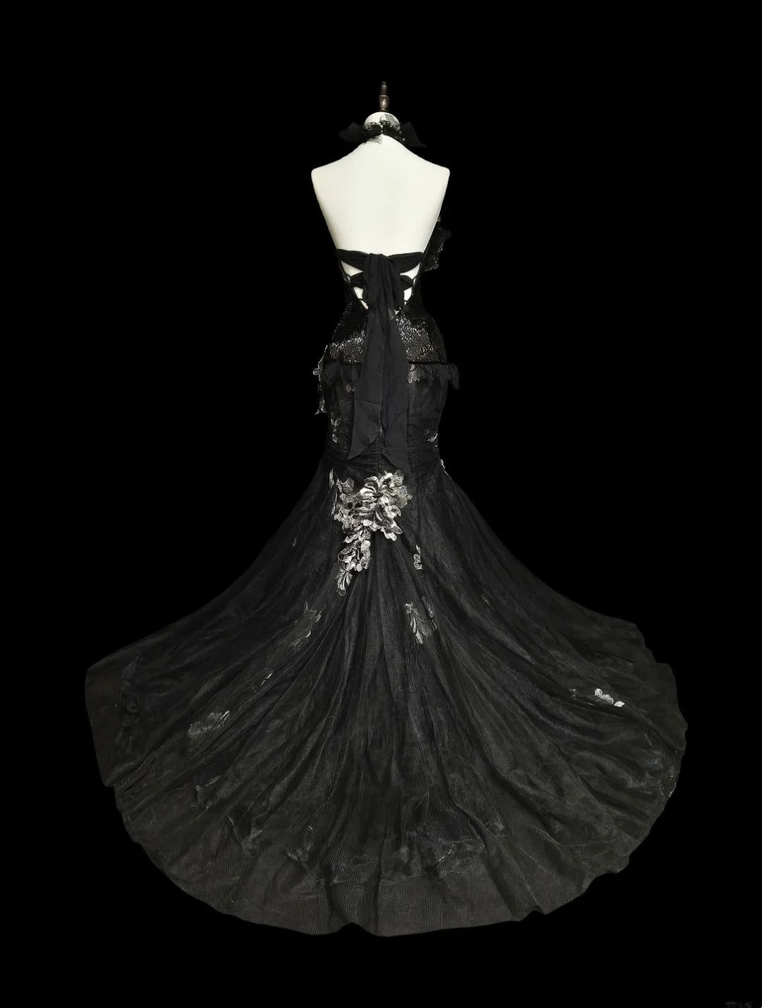 Vintage Abschlussballkleider Ästhetik 1960er Retro Meerjungfrau Neckholder Schwarz Spitze Langes Ballkleid N2148