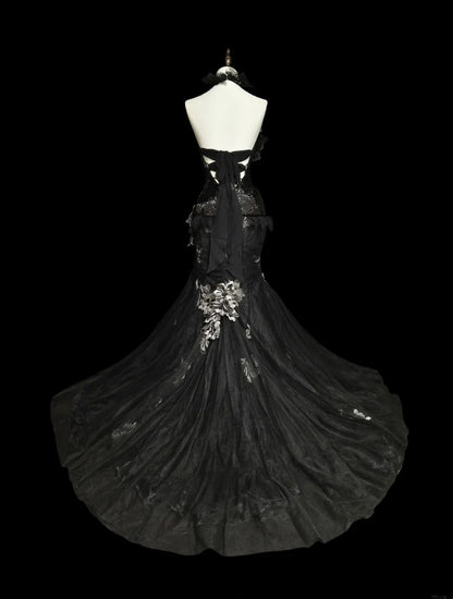 Vintage Abschlussballkleider Ästhetik 1960er Retro Meerjungfrau Neckholder Schwarz Spitze Langes Ballkleid N2148