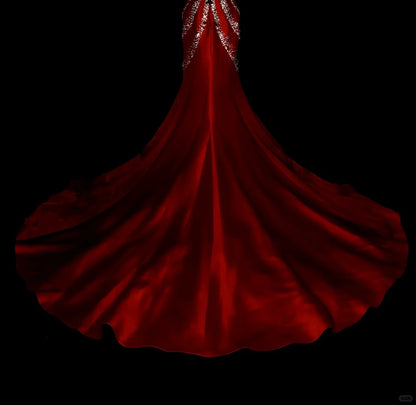 Robe de bal rétro sirène en satin rouge, décolleté cœur, ornée de perles et sans manches, style années 70, robe de soirée longue et élégante N1492
