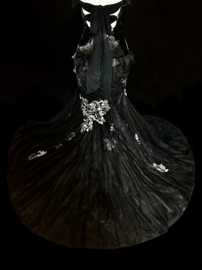 Vintage Abschlussballkleider Ästhetik 1960er Retro Meerjungfrau Neckholder Schwarz Spitze Langes Ballkleid N2148
