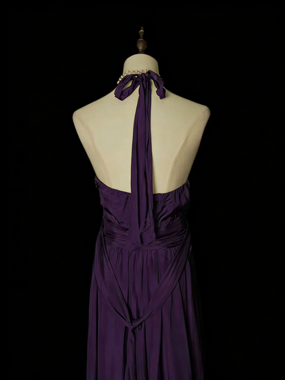 Robe de bal longue violette style années 80, coupe trapèze, col en V, pour lycéennes (N1330)