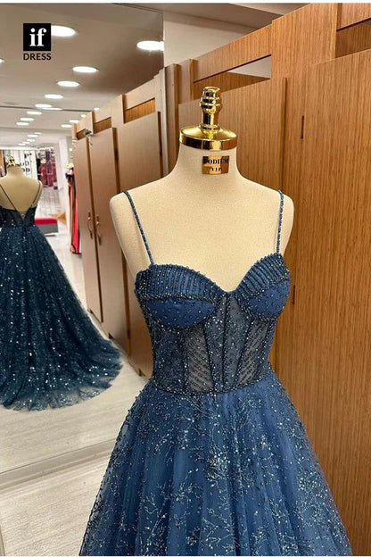 Robe de bal longue élégante en tulle, sans manches, à fines bretelles et coupe trapèze, référence AB912