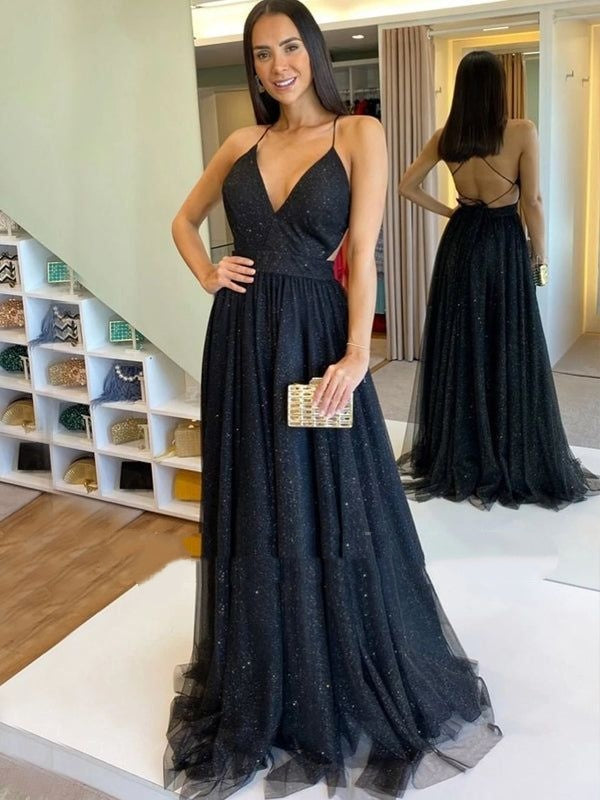 Sexy A-Linien-Abendkleid mit tiefem V-Ausschnitt und freiem Rücken AB914