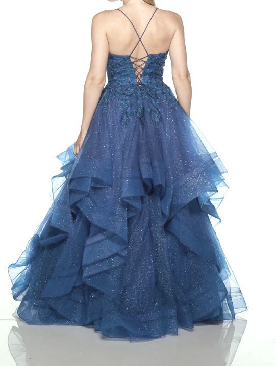 Robe de bal bleue à col en V, en tulle orné d'appliques et de sequins, longue robe de soirée à fines bretelles, robe d'anniversaire AB927