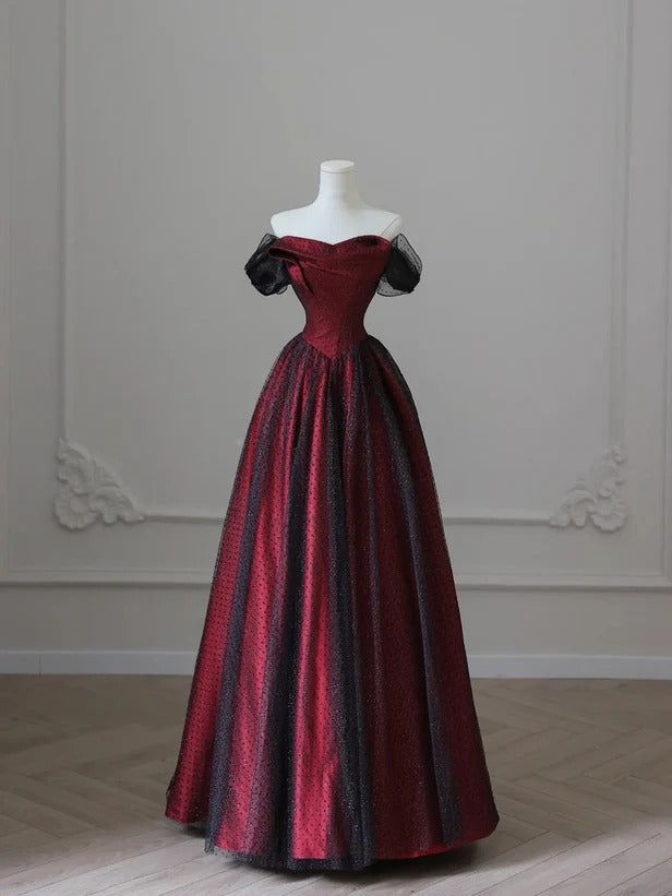 Schwarzes und rotes Tüll-Abendkleid, langes A-Linien-Kleid mit schulterfreiem Schnitt, auch als Hochzeits- oder Partykleid geeignet, Geburtstagskleid AB916