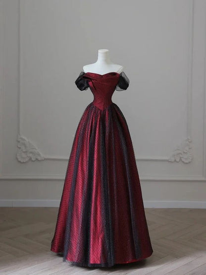 Schwarzes und rotes Tüll-Abendkleid, langes A-Linien-Kleid mit schulterfreiem Schnitt, auch als Hochzeits- oder Partykleid geeignet, Geburtstagskleid AB916