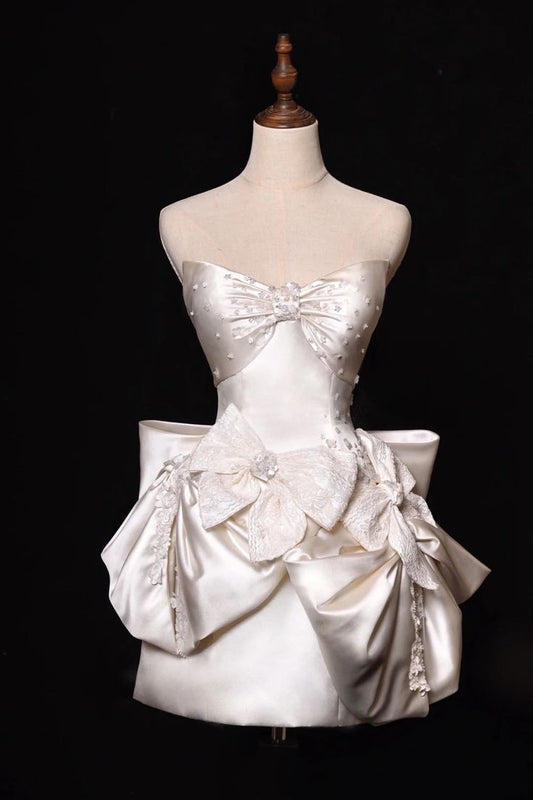 Timeless A line Sweetheart White Satin With Bow Short Brides Gown Bridal Dress Wedding Dresses RB6549