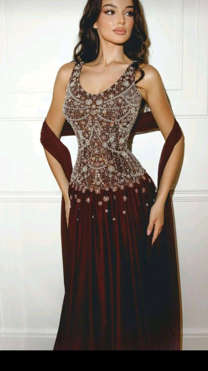 Elegantes, bordeauxrotes, langes A-Linien-Abendkleid mit V-Ausschnitt, formelles Partykleid, Ballkleid AB1236