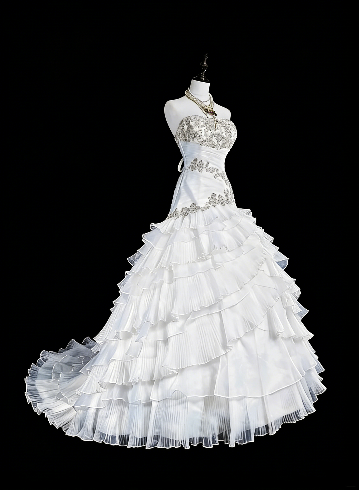 Einzigartige Hochzeitskleider Meerjungfrau Trägerlos Weiß mit Rüschen Perlen Kristallen Langes Brautkleid N3420