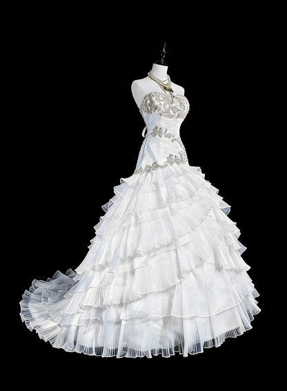 Einzigartige Hochzeitskleider Meerjungfrau Trägerlos Weiß mit Rüschen Perlen Kristallen Langes Brautkleid N3420