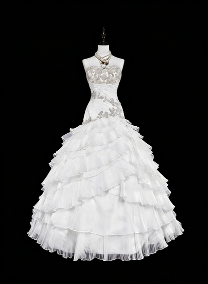 Einzigartige Hochzeitskleider Meerjungfrau Trägerlos Weiß mit Rüschen Perlen Kristallen Langes Brautkleid N3420