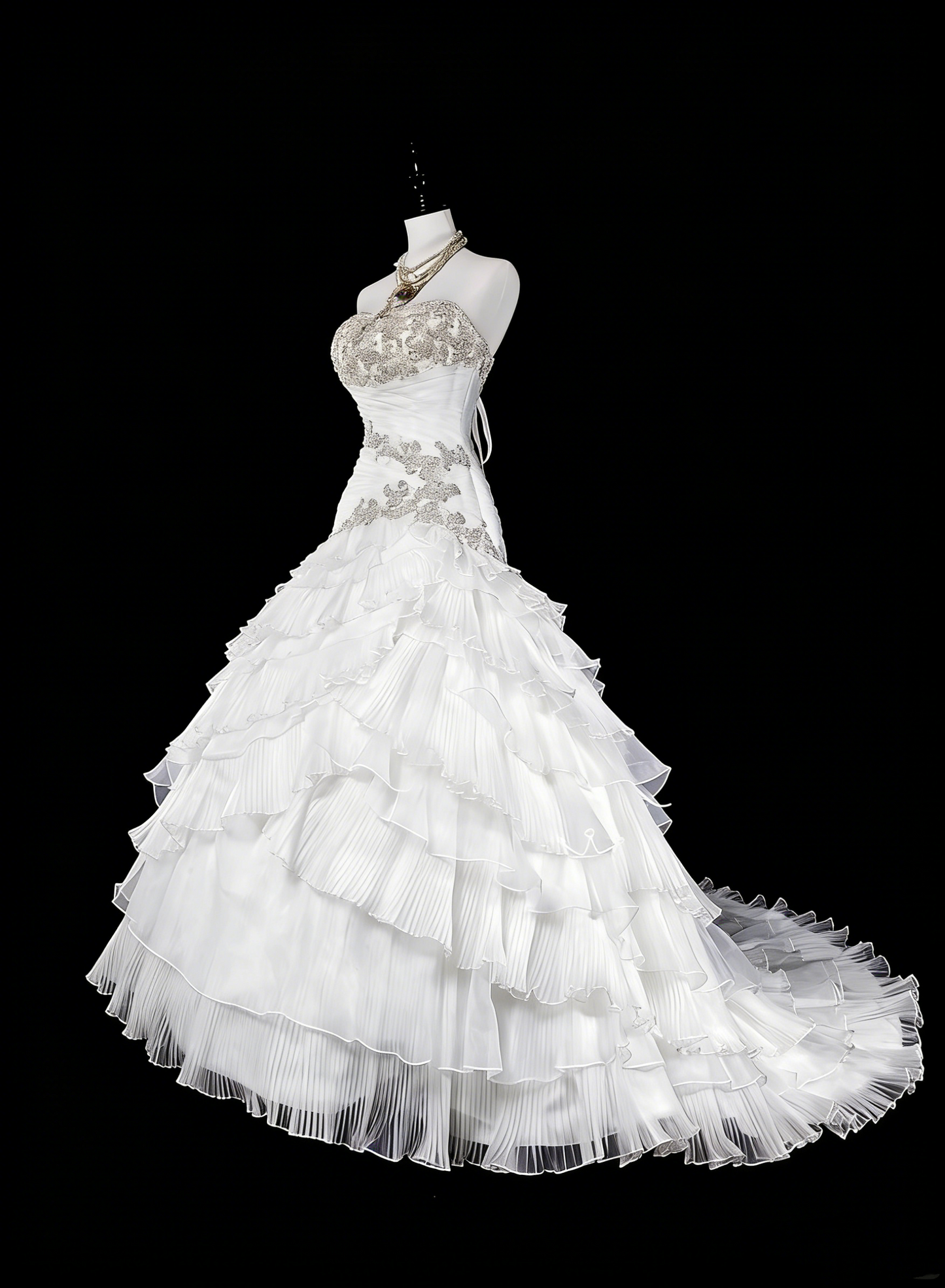 Einzigartige Hochzeitskleider Meerjungfrau Trägerlos Weiß mit Rüschen Perlen Kristallen Langes Brautkleid N3420