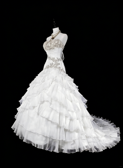 Einzigartige Hochzeitskleider Meerjungfrau Trägerlos Weiß mit Rüschen Perlen Kristallen Langes Brautkleid N3420