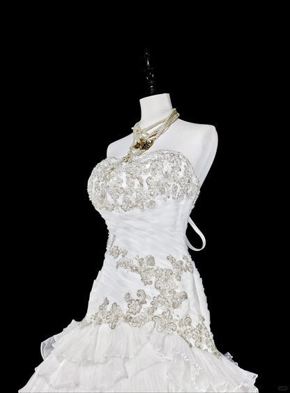 Einzigartige Hochzeitskleider Meerjungfrau Trägerlos Weiß mit Rüschen Perlen Kristallen Langes Brautkleid N3420