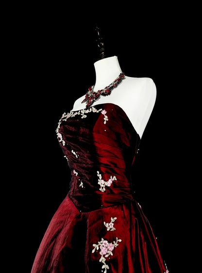 Robe de bal vintage style années 50, robe de soirée élégante et rétro sans bretelles bordeaux, longue, inspiration N1996