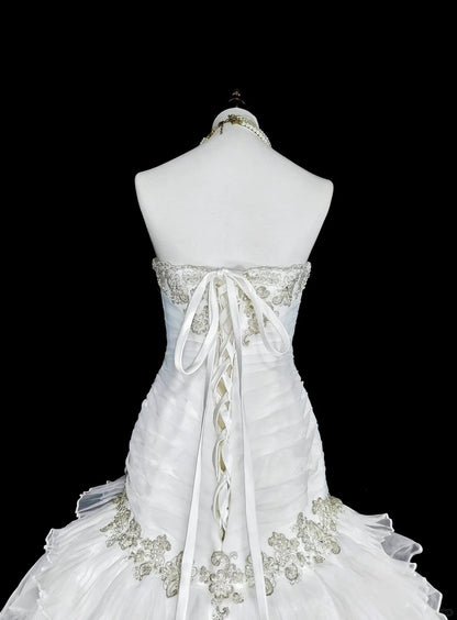 Einzigartige Hochzeitskleider Meerjungfrau Trägerlos Weiß mit Rüschen Perlen Kristallen Langes Brautkleid N3420