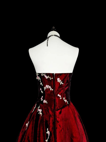 Robe de bal vintage style années 50, robe de soirée élégante et rétro sans bretelles bordeaux, longue, inspiration N1996
