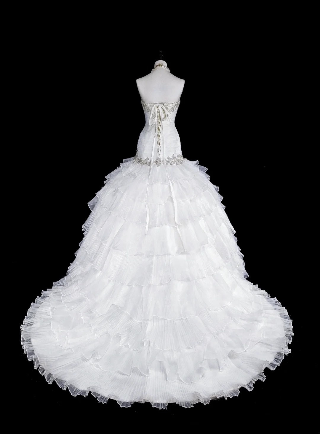 Einzigartige Hochzeitskleider Meerjungfrau Trägerlos Weiß mit Rüschen Perlen Kristallen Langes Brautkleid N3420