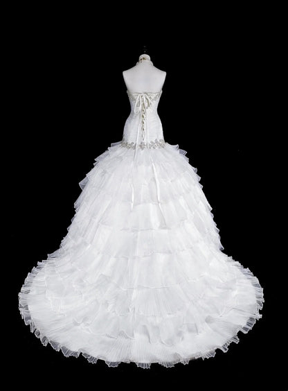 Einzigartige Hochzeitskleider Meerjungfrau Trägerlos Weiß mit Rüschen Perlen Kristallen Langes Brautkleid N3420