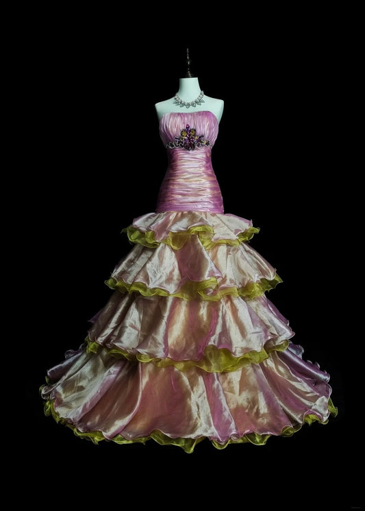 Vintage 1760s Strapless Pink Organza Sleeveless Pleated Mermaid Long Prom Dresses N1578