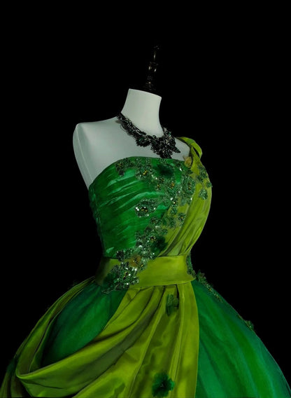 Robe de bal vintage asymétrique en tulle vert à volants, robe de quinceañera longue, taille 15, modèle N1463