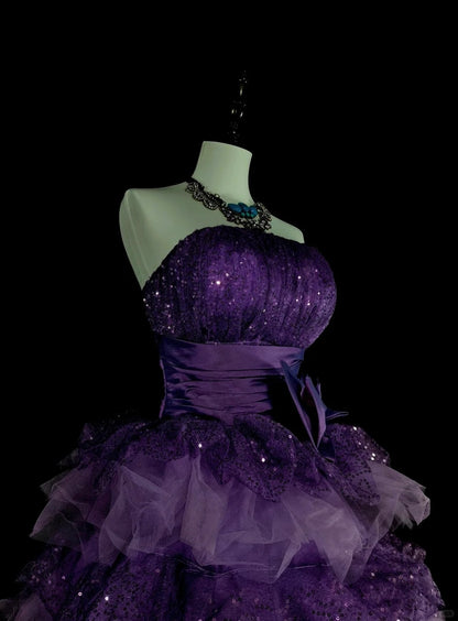Robe de bal vintage bustier en tulle violet à volants, robe de quinceañera longue (taille 15) - N1496