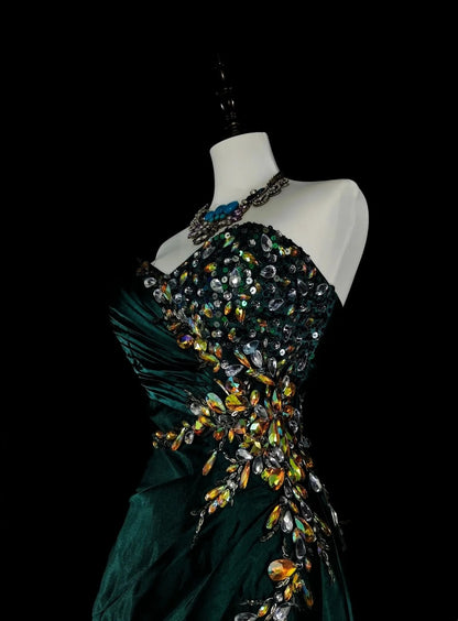 Robe de bal vintage sirène bustier cœur vert foncé satin sans manches années 90, inspiration années 90, robe de soirée longue et élégante N1498